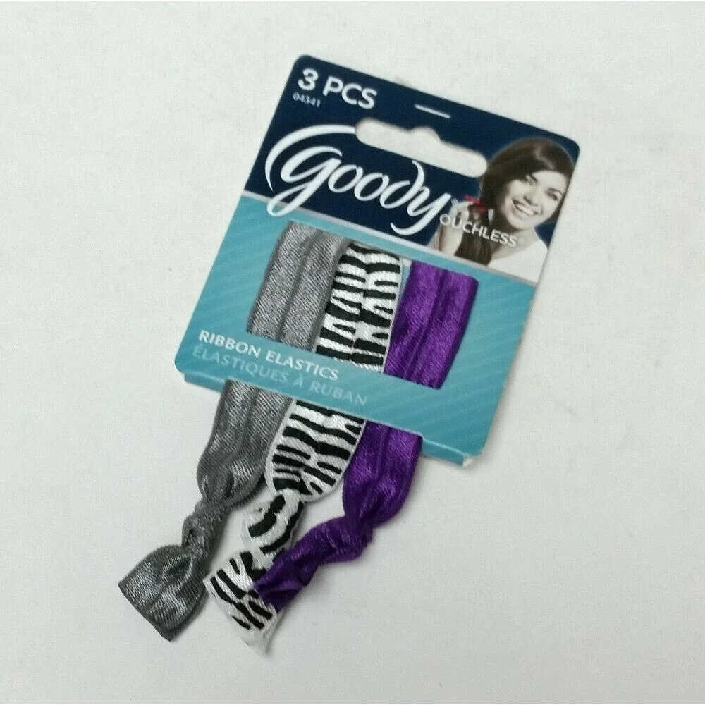 Goody Ouchless Ponytailers Elastic Hair Tie Ponytail 3 pcs Gray Purple Zebra